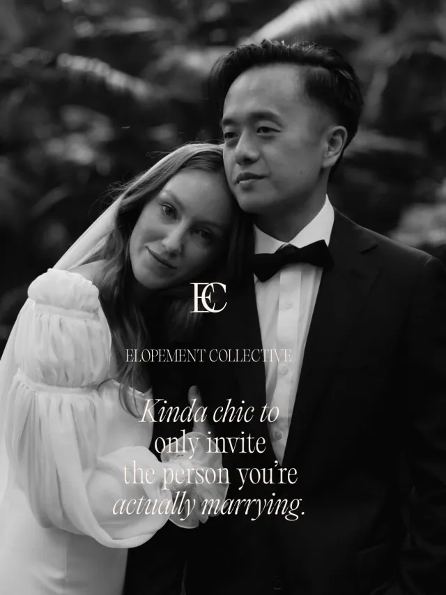 A black and white portrait of a couple on their wedding day, her head resting on his shoulder. Kinda chic to only invite the person you are actually marrying.